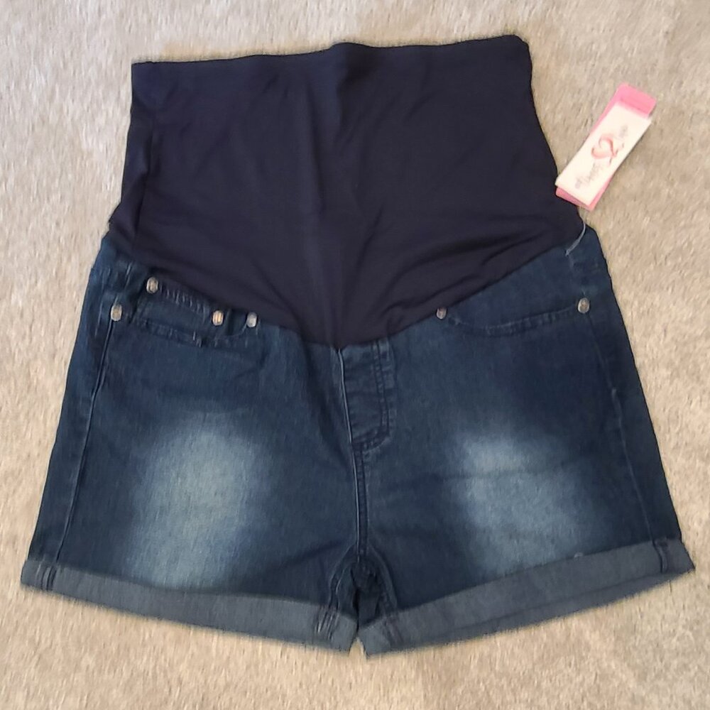 dark blue over belly maternity denim shorts